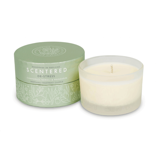 De-Stress Travel Aromatherapy Candle | Scentered with calming chamomile, neroli, and mandarin in a frosted glass jar next to a green decorative lid for wellness and relaxation.