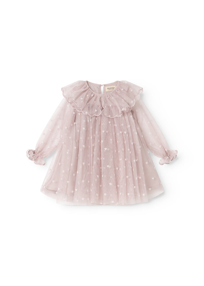 Dear B, a light pink with small heart print, puffed collar and long puff sleeves.