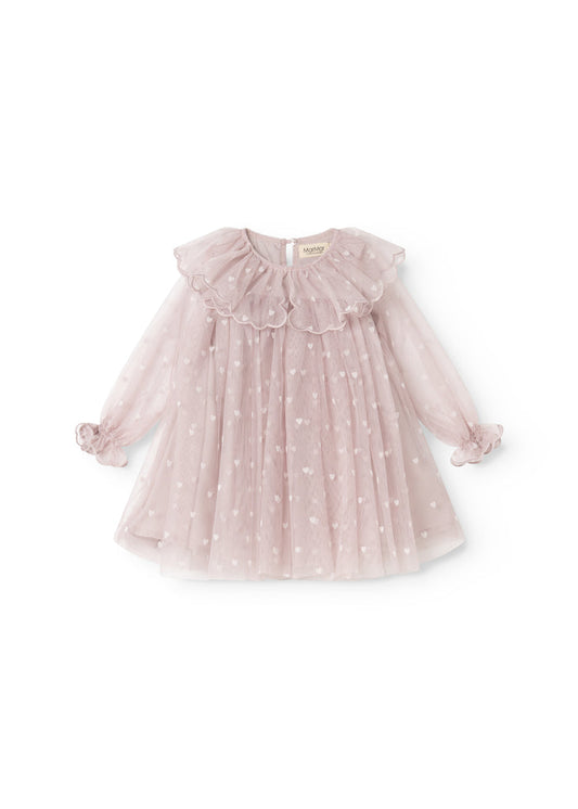 Dear B, a light pink with small heart print, puffed collar and long puff sleeves.