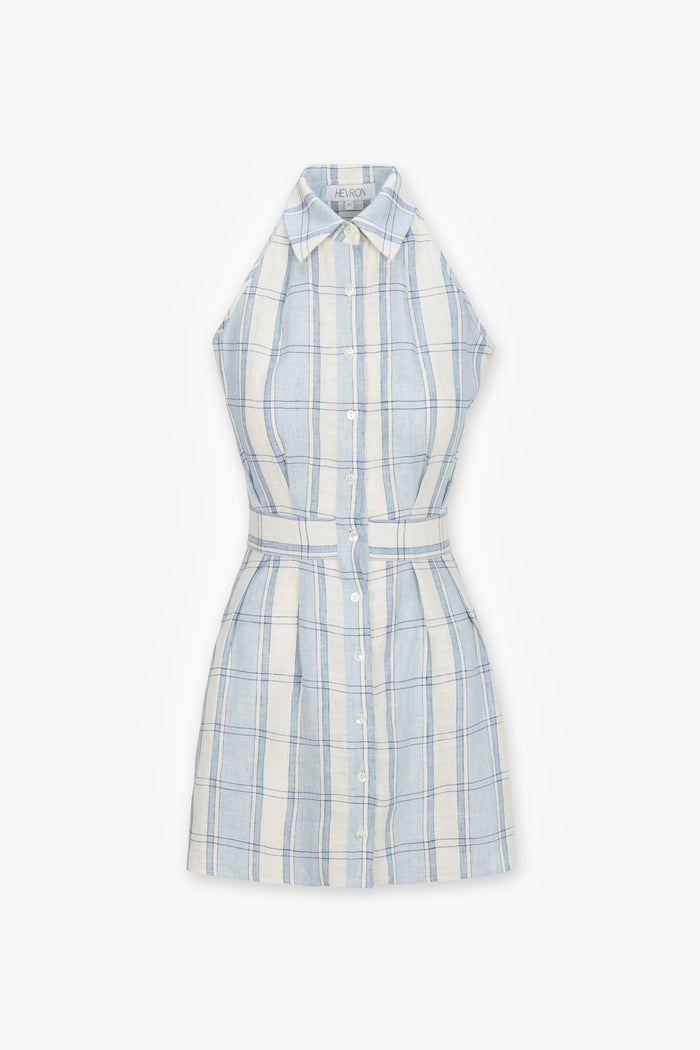 HEVRON Domino Dress Blue Plaid Linen Mini Dress, product front view