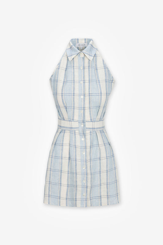 HEVRON Domino Dress Blue Plaid Linen Mini Dress, product front view