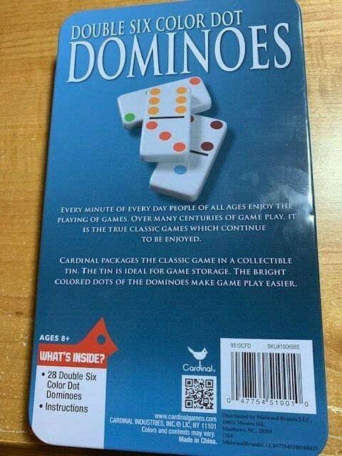 Dominoes - Double Six Color Dot - Set of 28 Dominoes, Instructions and Tin