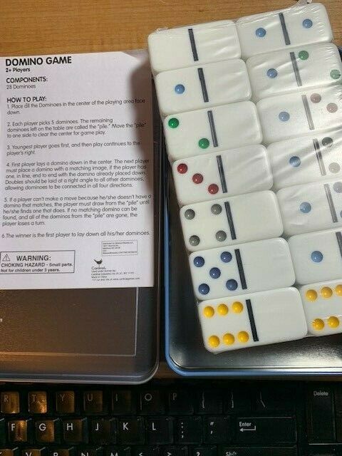Dominoes - Double Six Color Dot - Set of 28 Dominoes, Instructions and Tin