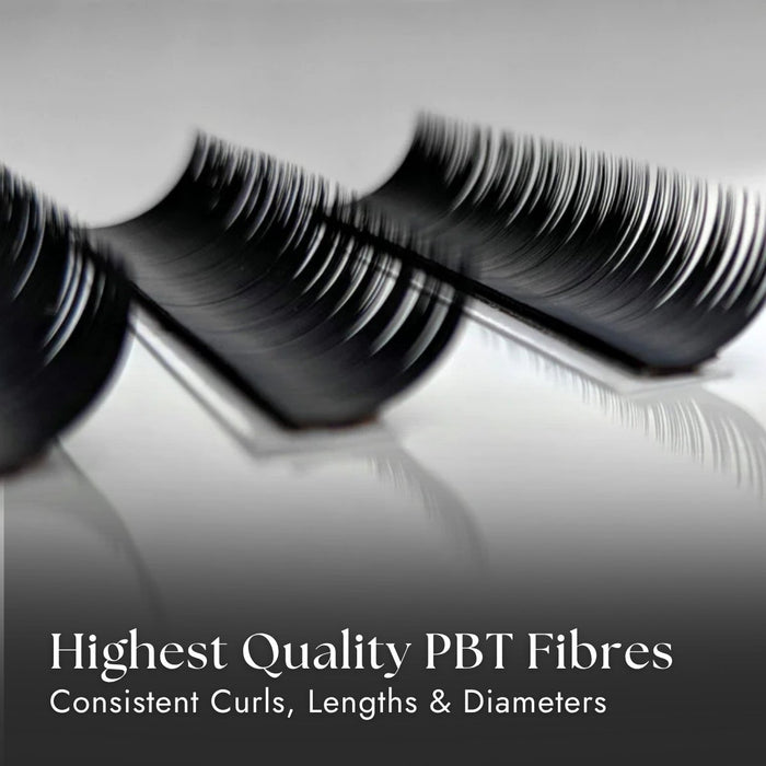 Close-up of false eyelashes with text highlighting 'Highest Quality PBT Fibres' on a reflective surface.
