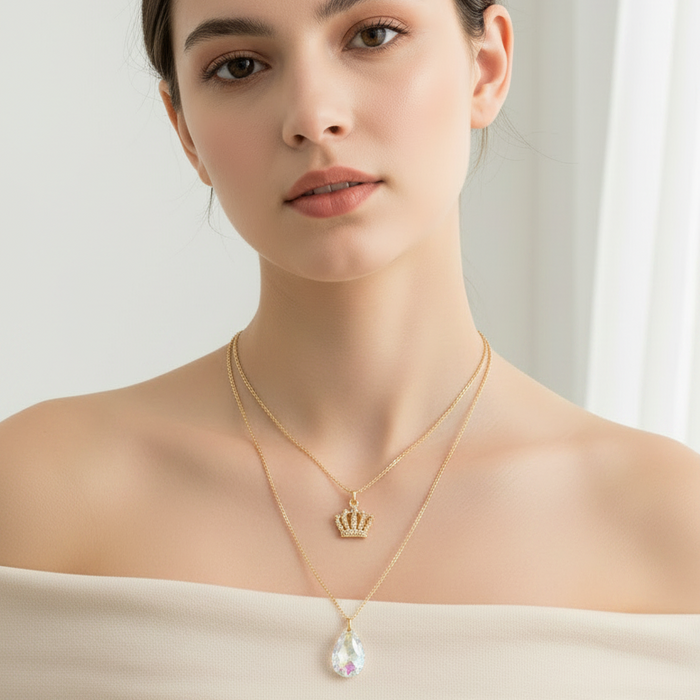 Elegant Crystal Layered Necklace & Stud Earring Set – High Heel & Teardrop Charms (RNK-0660GS)