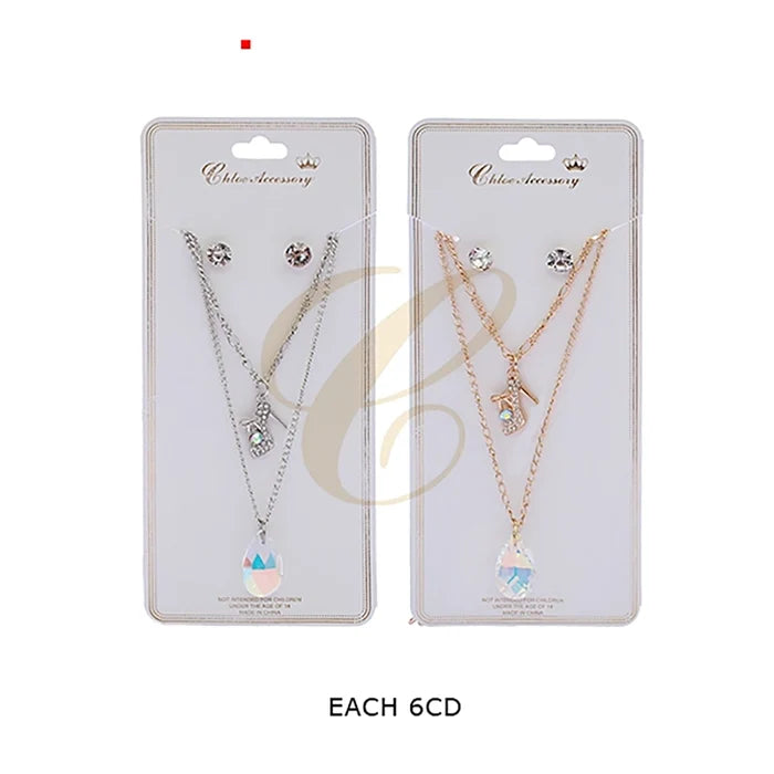 Elegant Crystal Layered Necklace & Stud Earring Set – High Heel & Teardrop Charms (RNK-0660GS)