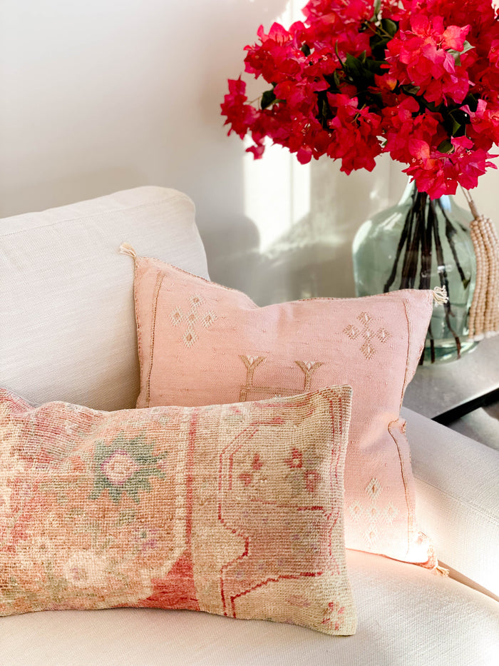Eloise Handmade traditional Turkish oushak pillow cover made with vintage rugs 12x20 pink beige pattern