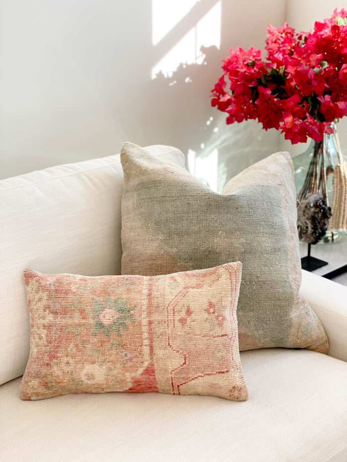 Eloise Handmade traditional Turkish oushak pillow cover made with vintage rugs 12x20 pink beige pattern