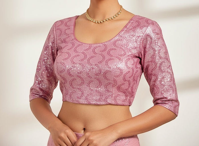 Kurti Connection USA rose pink sequined crop top blouse with scoop neck and three-quarter sleeves.