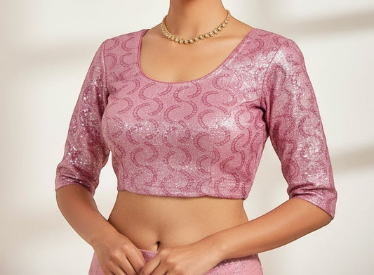 Kurti Connection USA rose pink sequined crop top blouse with scoop neck and three-quarter sleeves.