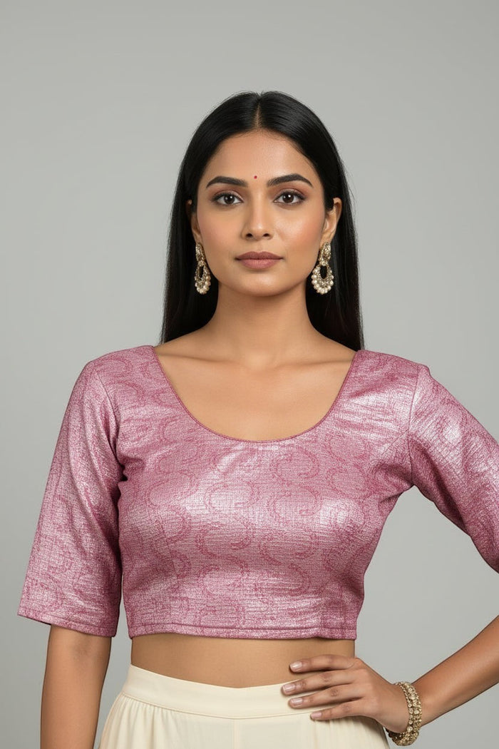 Kurti Connection USA rose pink embroidered crop top blouse with scoop neckline and three-quarter sleeves, shimmering fabric.