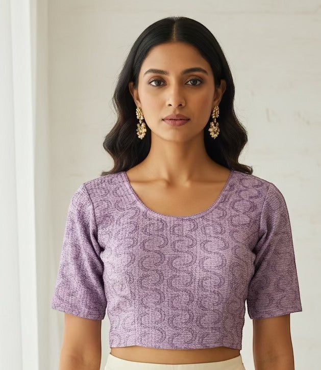 Kurti Connection USA lavender embroidered crop top blouse with scoop neckline and short sleeves.