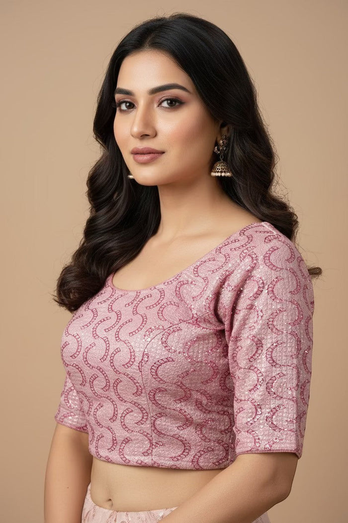 Kurti Connection USA rose pink embroidered crop top blouse with scoop neckline and three-quarter sleeves.
