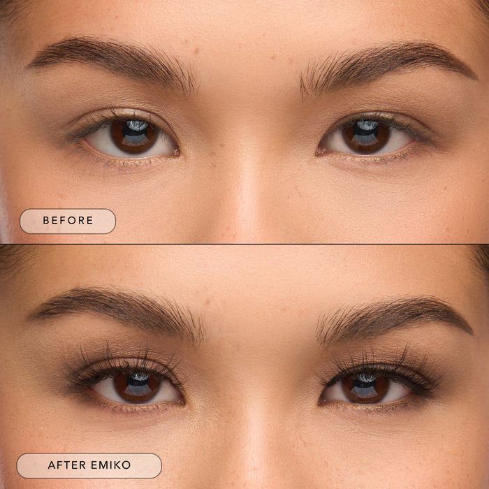 Before and after a model wearing Emiko lashes.