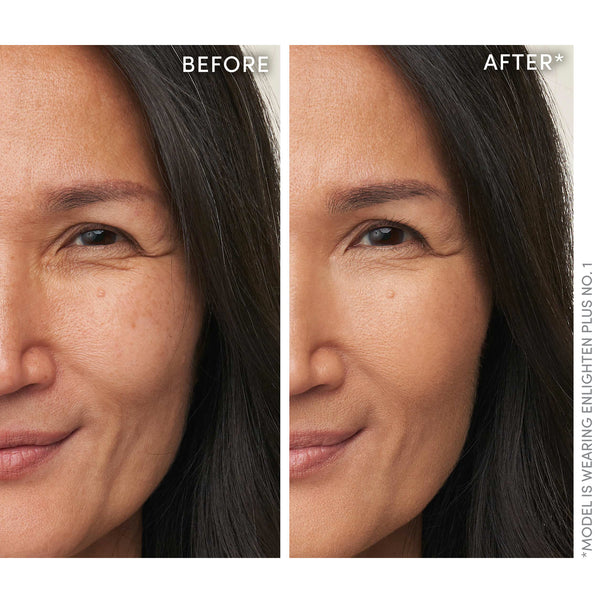 Close-up comparison of a woman's face before and after applying Enlighten Plus Under-Eye Concealer | Jane Iredale, showing smoother, more even skin tone and reduced under-eye darkness.