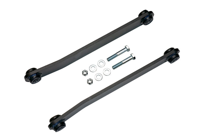 Extended rear sway bar links for Transit 2015+ by Van Compass, featuring black metal rods with bolts and nuts for maintaining sway bar geometry when lifting a van.