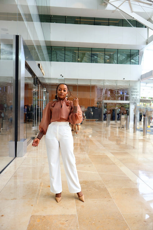 organza blouse for women, sheer bow blouse, FabroSanz statement tops, blush pink formal blouse, puff sleeve organza shirt, romantic fashion tops, luxury sheer blouse South Africa, high-fashion feminine style