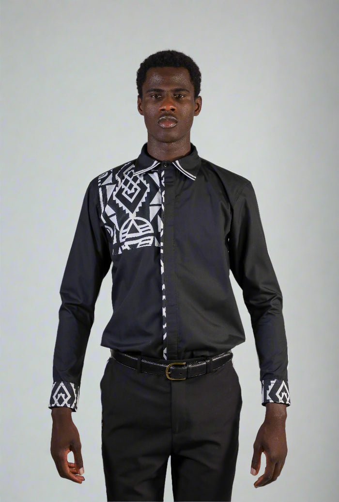 Fabrosanz: Menswear black shirt with Nguni print detail