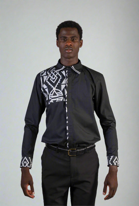 Fabrosanz: Menswear black shirt with Nguni print detail