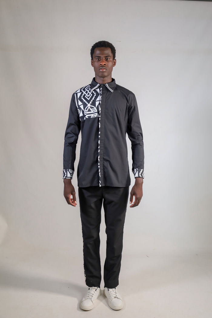 Fabrosanz: Menswear black shirt with Nguni print detail