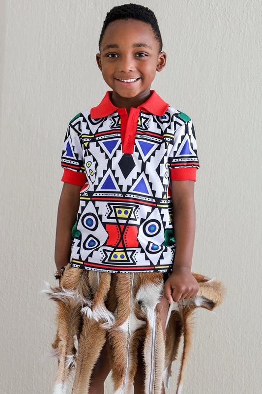 Fabrosanz: Red Nguni Print Golf Shirt-Kids