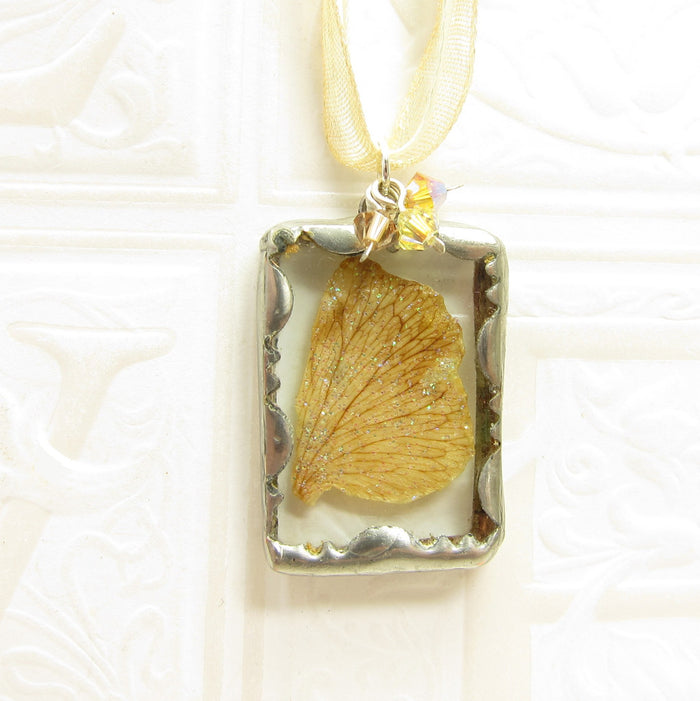 Fairy Necklace Soldered Glass Pendant with Yellow Brown Fairy Wing