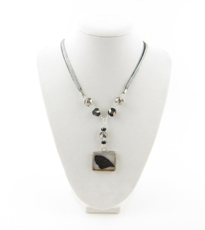 Fairy Wing Necklace with Midnight Black Fairy Wing in Soldered Glass Pendant