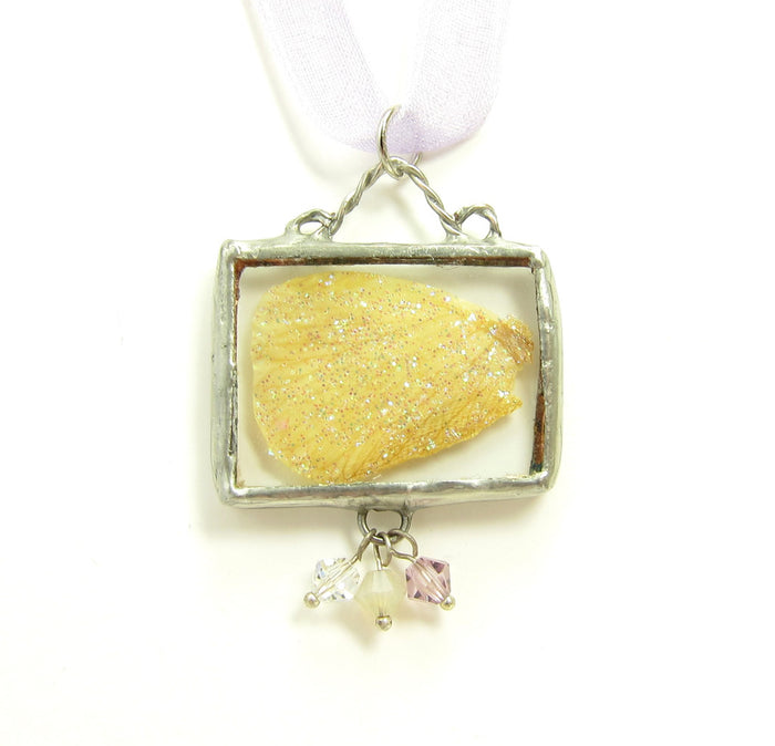 Yellow Fairy Wing soldered pendant necklace with lavender crystals