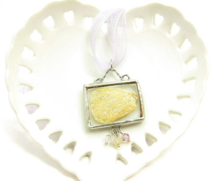 Yellow Fairy Wing soldered pendant necklace with lavender crystals