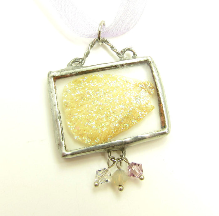 Yellow Fairy Wing soldered pendant necklace with lavender crystals