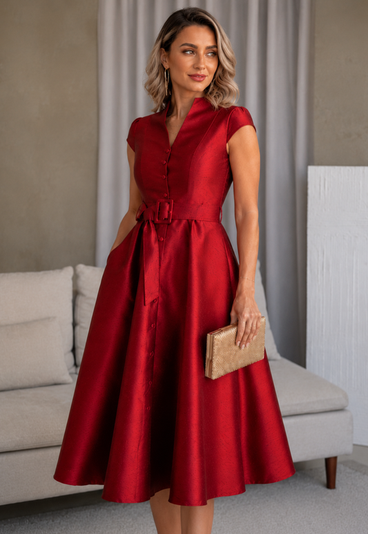 Felicitas cherry red dupion midi gala dress with cap sleeves, covered buttons, matching belt, defined waist and full skirt by Elizabeth Lozano.