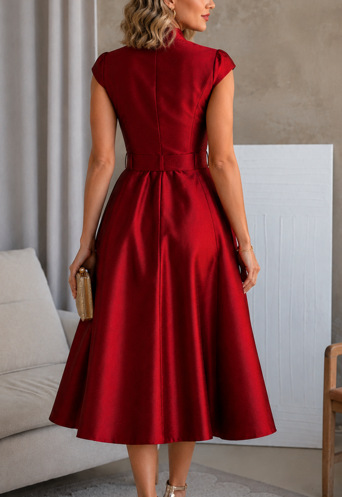 Woman wearing a red dress in an indoor setting