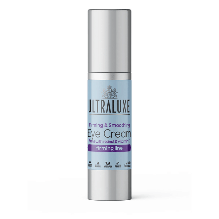 Bottle of Firming & Smoothing Eye Cream | Ultraluxe Skincare in light blue and silver packaging, featuring retinol and vitamin C for firming and smoothing skin around the eyes.