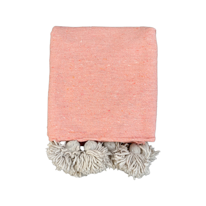 Flamingo handmade woven coral pink and beige Moroccan pom pom blanket