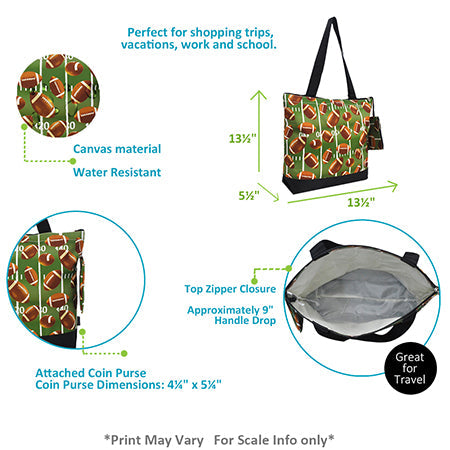 football tote bag, NGIL football tote, canvas football tote, football fan bag, football mom tote, football coach tote, football team tote, football game day bag, zippered football tote, football gear tote, football coin purse bag, everyday football tote, football print tote, football carryall bag, football practice tote, football teacher tote, monogram football tote, football shopping tote, football utility tote, football travel bag, football accessory tote