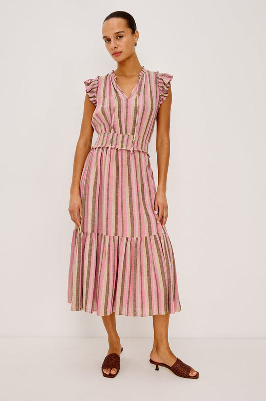 Garden Peasant Midi Dress in Linen With Ruffle Flutter Sleeves, Center Front Ties, V-Neckline, Shirred Waist, and Relaxed Fit in Cordoba Stripe Colorway - Full Body Front View Featured on Model