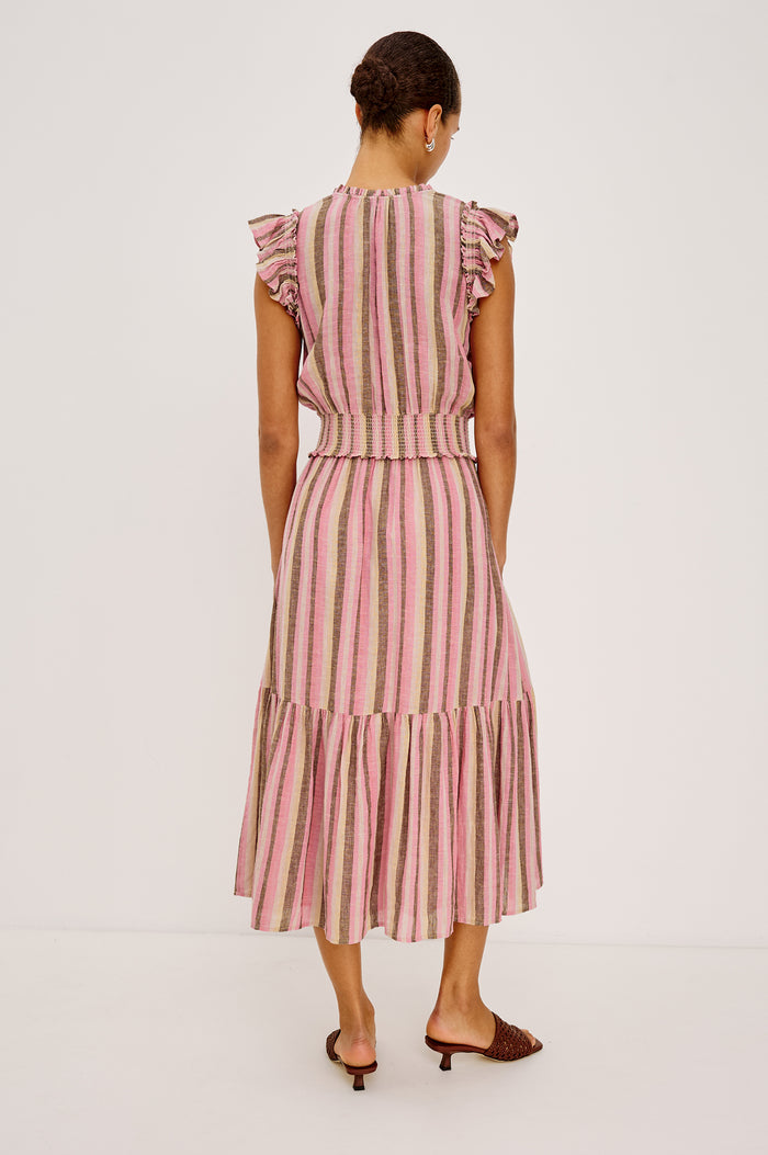 Garden Peasant Midi Dress in Linen With Ruffle Flutter Sleeves, Center Front Ties, V-Neckline, Shirred Waist, and Relaxed Fit in Cordoba Stripe Colorway - Full Body Back View Featured on Model