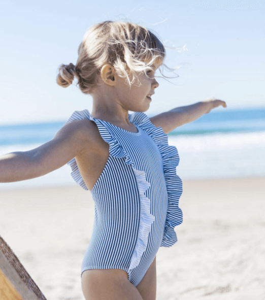 girls navy stripe ruffle one piece