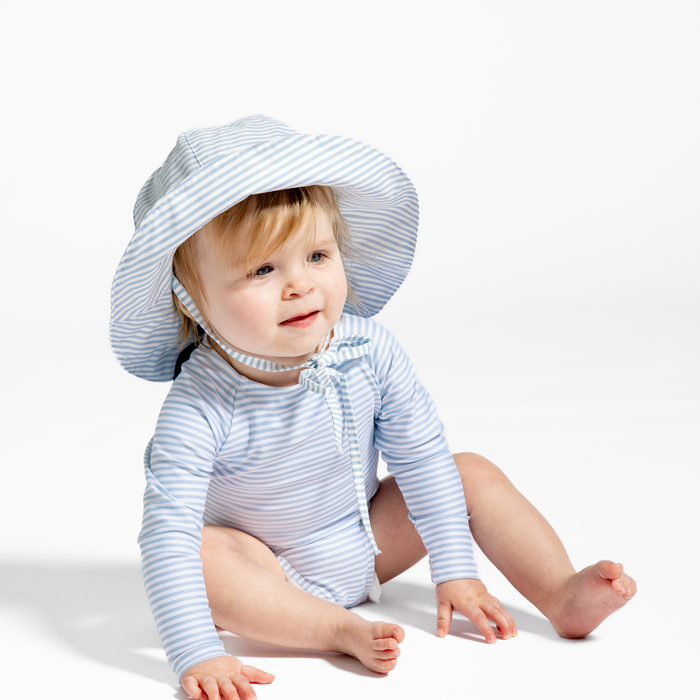 girls powder blue stripe rashguard one piece