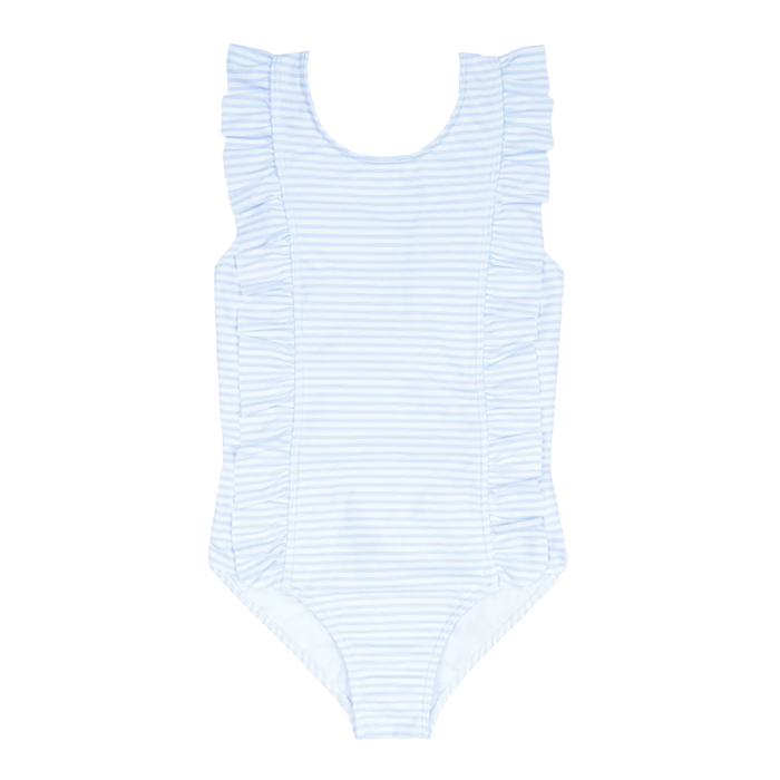 girls powder blue stripe ruffle one piece