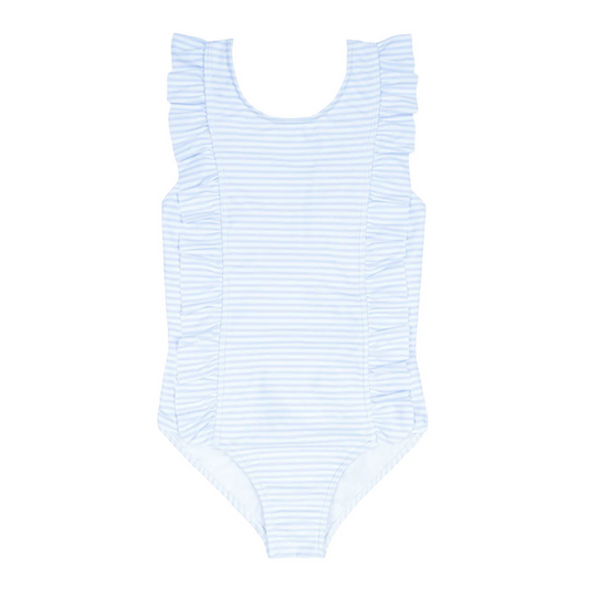 girls powder blue stripe ruffle one piece