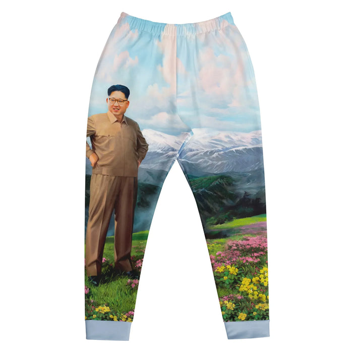 Mimicking a romanticized oil-painted propaganda masterpiece, a smiling, bespectacled figure in a desert khaki Mao-style suit stands confidently against a scenic backdrop of powder blue skies and rugged snowy mountains. Contact us with accessibility feedback, we'd love to help!