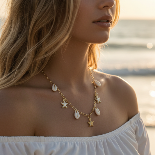 Gold Cowrie Shell and Starfish Charm Choker Necklace - 18" Beach Jewelry (NCS-3316S)