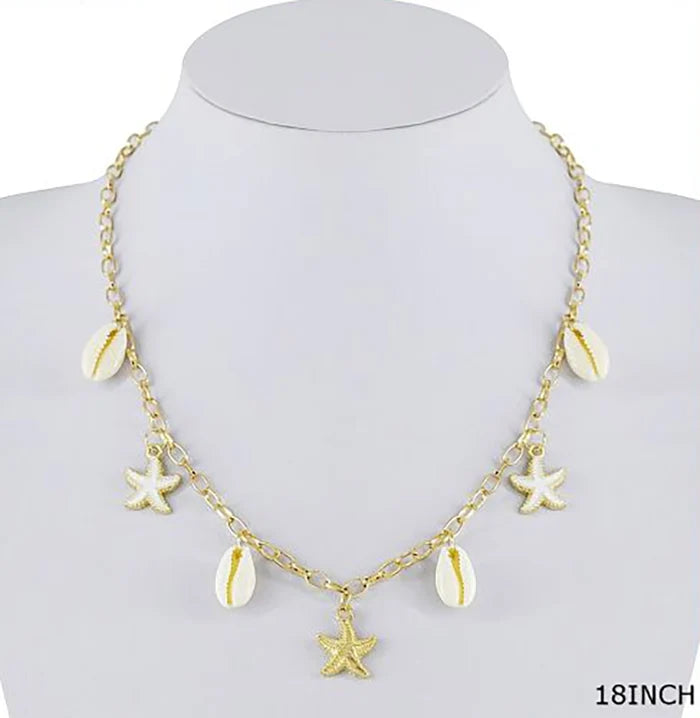 Gold Cowrie Shell and Starfish Charm Choker Necklace - 18" Beach Jewelry (NCS-3316S)