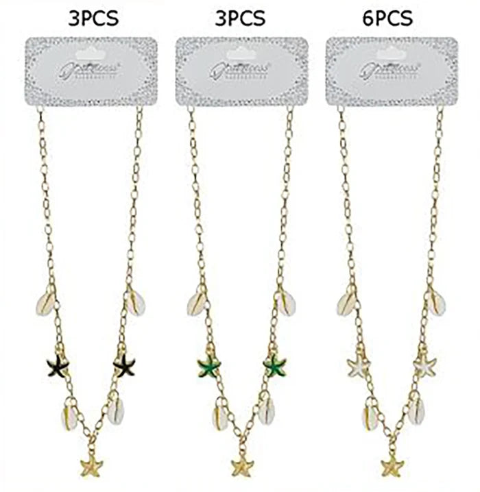 Gold Cowrie Shell and Starfish Charm Choker Necklace - 18" Beach Jewelry (NCS-3316S)
