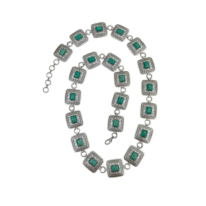 Green Stone & Silver Square Chain Link Western Belt for Cowgirls