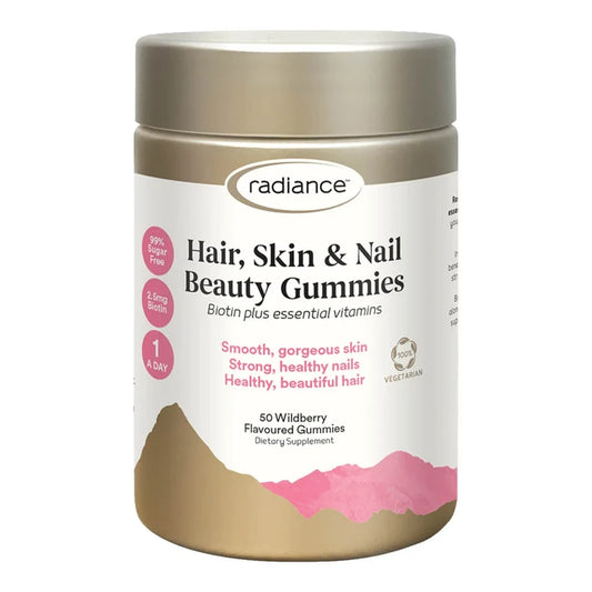 A bottle of Radiance Hair, Skin & Nail Beauty Gummies on a plain white background. The container is metallic gold with a white label featuring pink accents and black text.