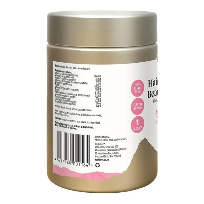 Back view of Radiance Hair Skin & Nails Beauty Gummies showing ingredients, recommended dosage and more.