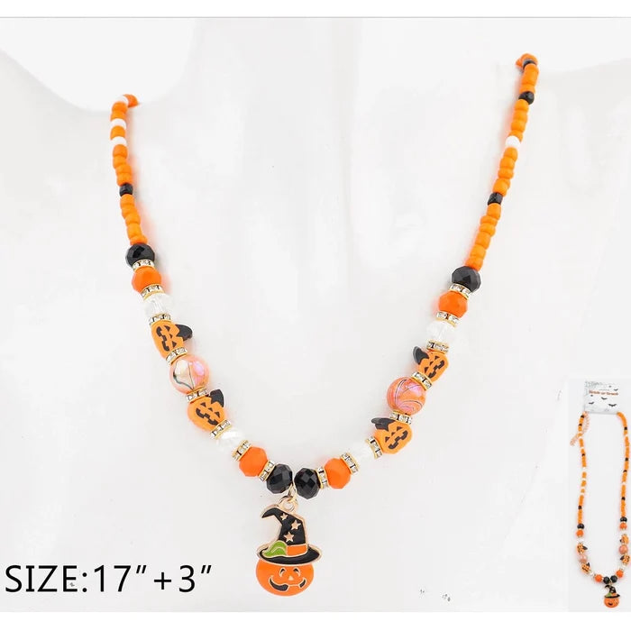 Halloween Beaded Pumpkin Pendant Necklace – Witch Hat Jack-O'-Lantern Charm Necklace (17" + 3" Extension) (CK2379)