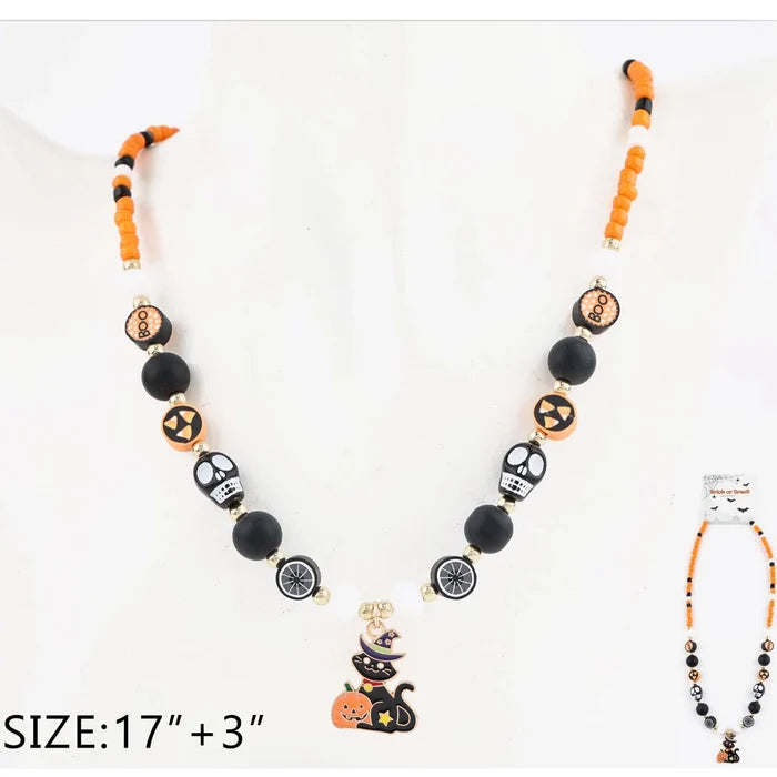 Halloween Black Cat Beaded Charm Necklace – Adjustable Spooky Pumpkin & Skull Jewelry (17"+3") (CK2380)